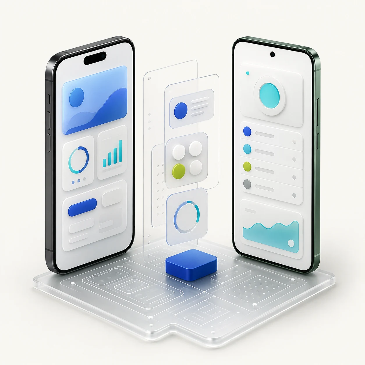 Zwei Smartphones mit räumlich angeordneten Interface-Bausteinen auf einem gläsernen App-Entwurf