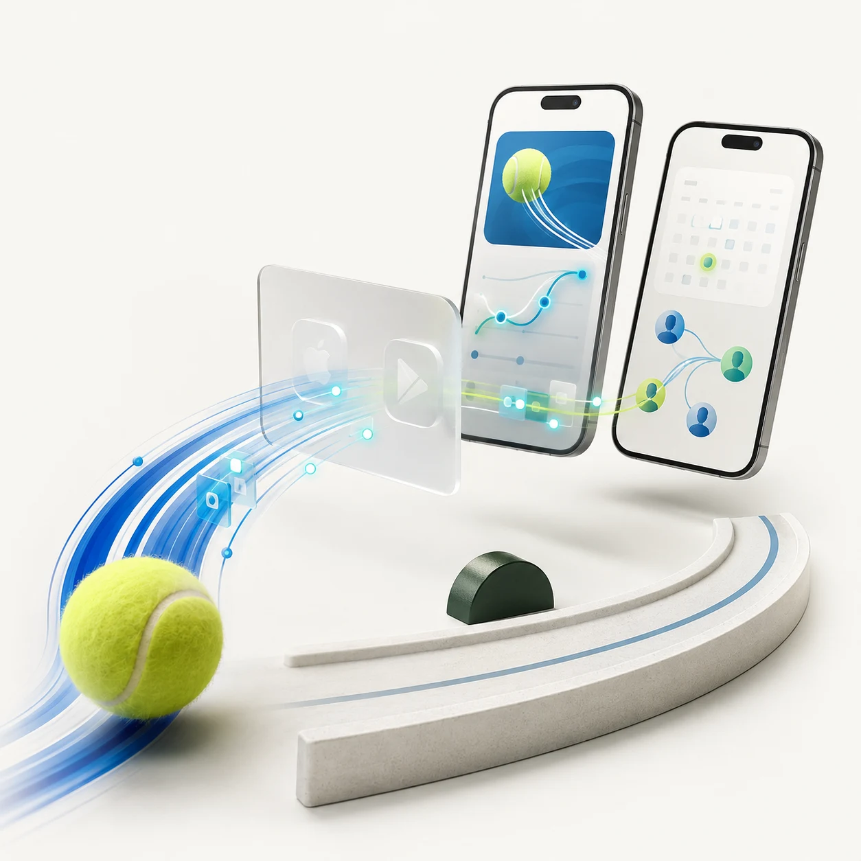 Tennisball und Bewegungsbahn verbinden sich mit nativen App-Oberflächen auf zwei Smartphones